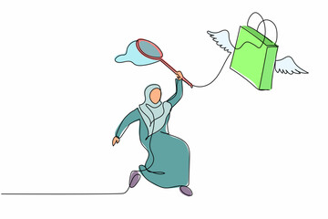 Poster - Single continuous line drawing Arab businesswoman try to catching flying shopping bag with butterfly net. Retail store sales decline due to economic crisis. One line graphic design vector illustration