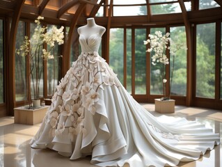 White wedding dress gown on mannequin in a modern house. Bride's morning wedding preparation concept