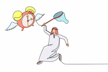 Poster - Single continuous line drawing Arab businessman try to catching flying alarm clock with butterfly net. Failed to complete work deadlines. Business metaphor. One line graphic design vector illustration