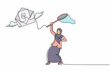 Poster - Single one line drawing Arab businesswoman try to catching flying mail with butterfly net. Missing mailing envelopes letter from job interview. Continuous line draw design graphic vector illustration
