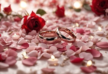 A romantic setting with a couple's rings placed on a bed of rose petals, symbolizing the essence of love