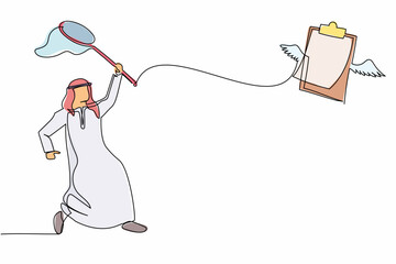 Poster - Single one line drawing Arabian businessman try to catching flying clipboard with butterfly net. Incomplete checklists result in defective documents. Continuous line design graphic vector illustration