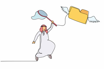 Poster - Single one line drawing Arab businessman try to catching flying folder with butterfly net. Losing document and file archive. Business metaphor. Continuous line draw design graphic vector illustration