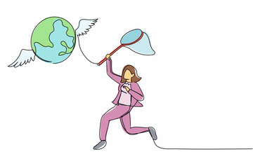Aufkleber - Continuous one line drawing businesswoman try to catching flying globe with butterfly net. Failed to travel the world because of economic crisis. Single line draw design vector graphic illustration