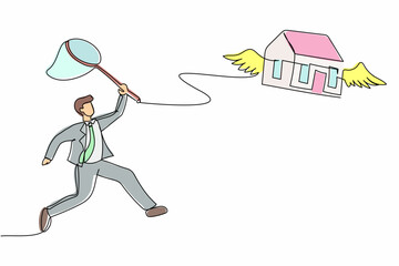 Poster - Single one line drawing businessman try to catching flying house with butterfly net. Price increases of housing loan or real estate investment. Continuous line draw design graphic vector illustration