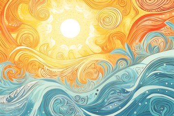 Sunset landscape boho 70's style retro graphic design, blue water ocean waves with abstract vintage art illustration, orange sun color gradient, card, poster, sticker design, simple nature element