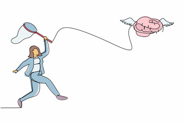 Poster - continuous one line drawing businesswoman try to catching flying brain with butterfly net. mental re