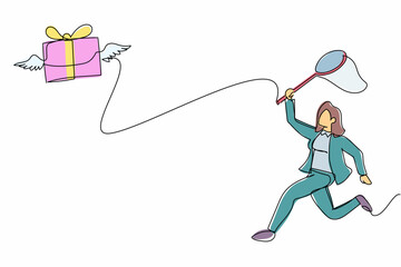 Poster - single continuous line drawing businesswoman try to catching flying gift box with butterfly net. los
