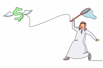 Poster - Continuous one line drawing Arab businessman try to catching flying dollar sign symbol with butterfly net. Inflation rate rises sharply. Business metaphor. Single line draw design vector illustration