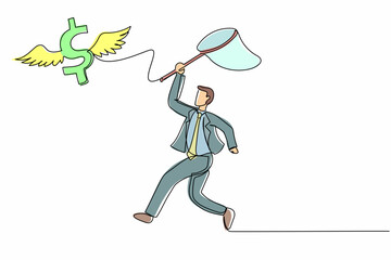 Poster - single continuous line drawing businessman try to catching flying dollar sign symbol with butterfly 