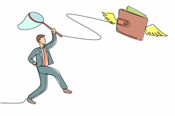 Poster - Single one line drawing businessman try to catching flying wallet with butterfly net. Losing money, spending, pay, wasteful, gone money, financial concept. Continuous line design vector illustration