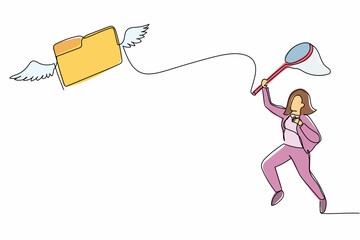 Poster - single continuous line drawing businesswoman try to catching flying folder with butterfly net. leaka