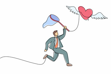 Poster - Single one line drawing businessman try to catching flying heart with butterfly net. Love, marriage, wedding, romance, relationship concept. Modern continuous line design graphic vector illustration