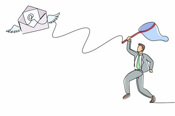 Poster - Continuous one line drawing businessman try to catching flying mail with butterfly net. Not read incoming message. Decoration for greeting cards, posters. Single line draw design vector illustration