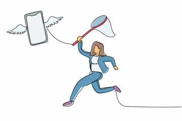 Poster - Continuous one line drawing businesswoman try to catch flying smartphone with butterfly net. Missed phone calls interview. Lost job opportunities. Single line draw design vector graphic illustration