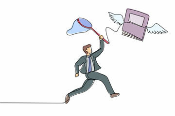 Poster - Single continuous line drawing businessman try to catching flying book with butterfly net. Higher education to pursuit career growth. Worker study literature. One line draw design vector illustration
