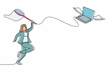 Poster - Single one line drawing businesswoman try to catching flying laptop with butterfly net. Losing data information due to cyber crime or computer virus. Continuous line graphic design vector illustration