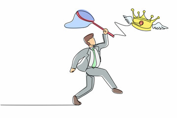 Poster - Single one line drawing businessman try to catching flying crown with butterfly net. Royal, luxury, vip, first class sign. Winner award. Modern continuous line draw design graphic vector illustration