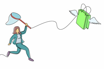 Poster - Continuous one line drawing businesswoman try to catching flying shopping bag with butterfly net. Economic crisis made price of goods higher. Hard to shop. Single line draw design vector illustration