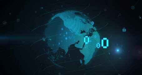 Animation of binary coding and light spot over spinning globe against blue background