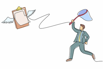 Poster - single continuous line drawing businessman try to catching flying clipboard with butterfly net. appr