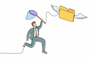 Poster - Single continuous line drawing businessman try to catching flying folder with butterfly net. Analyzing and researching office paper document and file archive. One line draw design vector illustration