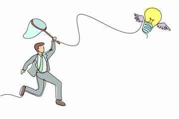 Poster - Continuous one line drawing businessman try to catching flying light bulb with butterfly net. Searching inspiration, creative idea. Business metaphor. Single line design vector graphic illustration