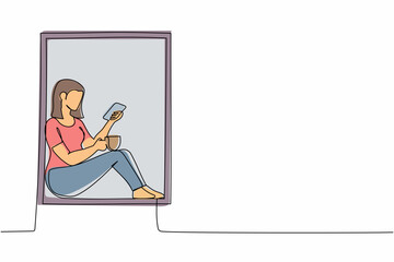 Poster - Single one line drawing young lady sitting on windowsill with coffee and enjoying rest time with smartphone. Woman relaxing at home with mobile phone. Continuous line draw design vector illustration