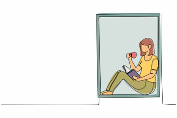 Poster - Continuous one line drawing woman on windowsill reading book with cup of hot coffee or tea. Enjoy atmosphere of day in window of room. Stay at home. Single line draw design vector graphic illustration