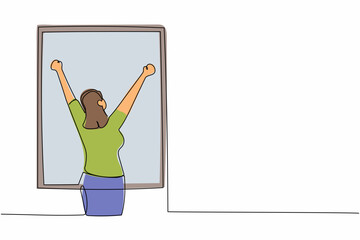 Poster - Single one line drawing back view young woman stretching arms in window after good night sleep. Relaxed female standing at window to get fresh air. Continuous line design graphic vector illustration