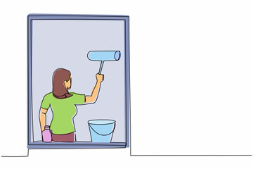 Poster - Single continuous line drawing young woman cleaning windows with glass cleaner tools. Washing windows with bucket, detergent, wet rag. Daily housework. One line draw graphic design vector illustration