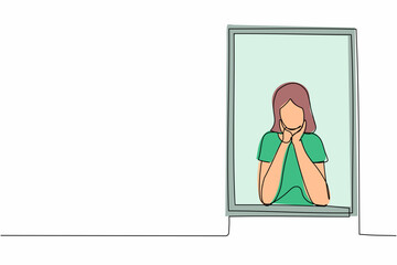 Poster - Continuous one line drawing sad woman sitting near the window with support the chin. Pandemic impact in business, economic recession, market crash. Single line draw design vector graphic illustration