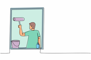 Poster - Single continuous line drawing man cleaning windows with glass cleaner tools. Washing windows with bucket, detergent, wet rag. Housework. Domestic work. One line graphic design vector illustration