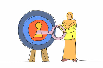 Poster - Single continuous line drawing Arabian businesswoman put key into bullseye target. Accuracy in success business plan. Career path. Secret for achieve goals. One line graphic design vector illustration
