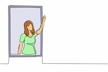 Poster - Single one line drawing young female waving at window as look like to greet or invite people to come in. Woman looking outside from windowsill. Continuous line draw design graphic vector illustration