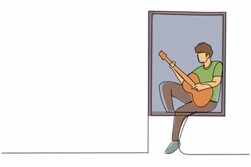 Poster - Continuous one line drawing young man sits on windowsill playing guitar and sing song. Rest, stay at home, human life, relaxation, comfort, romantic. Single line design vector graphic illustration