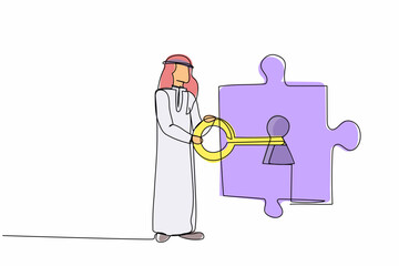 Poster - Single continuous line drawing Arab businessman putting big key into puzzle piece. Teamwork solving complicated tasks. Partnership and cooperation concept. One line graphic design vector illustration