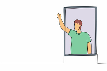 Poster - Single continuous line drawing young male waving at window as look like to greet or invite people to come in. Man looking out from apartment from windowsill. One line draw design vector illustration