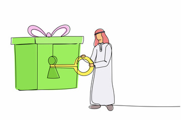 Poster - Continuous one line drawing Arabian businessman putting key into gift box with ribbon. Unlock gift for successful business achievement. Celebration concept. Single line draw design vector illustration
