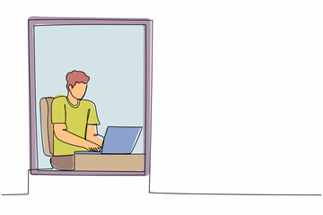Fototapete - Single continuous line drawing man working from home near window. Businessman sitting at desk and using laptop. Project management. Remote work or home office. One line draw design vector illustration