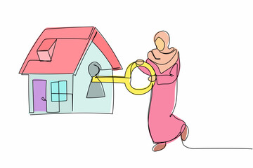 Poster - Single continuous line drawing Arabian businesswoman put key into house. Real estate investment for working people. Housing loan, property banking mortgage. One line graphic design vector illustration
