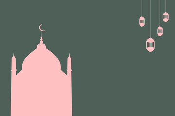 Scene with Islamic Mosque or Masjid with lanterns. Design Greeting Card background for Islamic religions ,Eid al fitr, Eid al adha, Happy muharram, Islamic new year, Ramadan kareem. Flat vector.