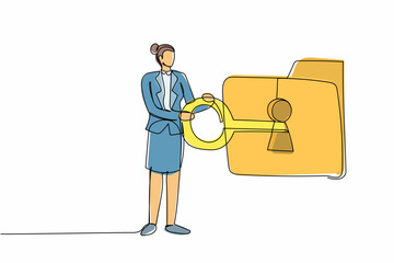 Poster - Continuous one line drawing businesswoman put key into folder. Digital folder locked in computer with key. Data security. Secret information for success in work. Single line design vector illustration
