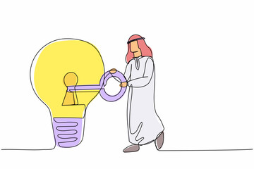 Poster - Continuous one line drawing Arab businessman putting big key into light bulb. Unlock innovation on business idea, invent new product or creative thoughts. Single line draw design vector illustration