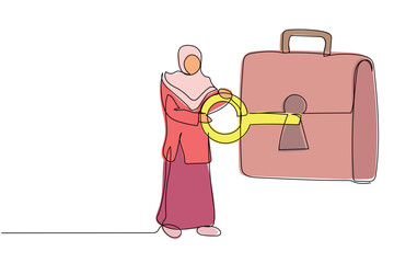 Poster - Continuous one line drawing Arabian businesswoman putting key into briefcase. Safety bag for secret document. Invest portfolio, securities, stock market. Single line draw design vector illustration