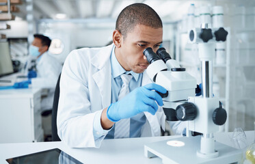 Aufkleber - Microscope, science and man in laboratory to check virus research, review medical test and biotechnology. Scientist, microbiology and planning chemistry assessment, investigation and dna innovation