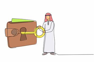 Poster - Single one line drawing Arab businessman putting big key into wallet. Personal money protection financial security. Unlock digital purse for shopping. Continuous line draw design vector illustration