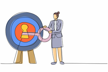 Poster - Single one line drawing businesswoman put key into bullseye target. Accuracy and unlock business success. Career or goal. Secret for success in work. Continuous line design graphic vector illustration