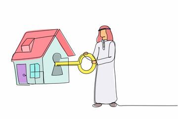 Poster - Single one line drawing Arab businessman putting big key into house. Arabian investor investing money in real estate. House loan, property mortgage. Continuous line design graphic vector illustration