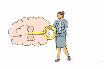 Wall Mural - Continuous one line drawing businesswoman put key into brain. Open minded concept. Mental health care, psychology. Philosophy metaphor, personality. Single line draw design vector graphic illustration